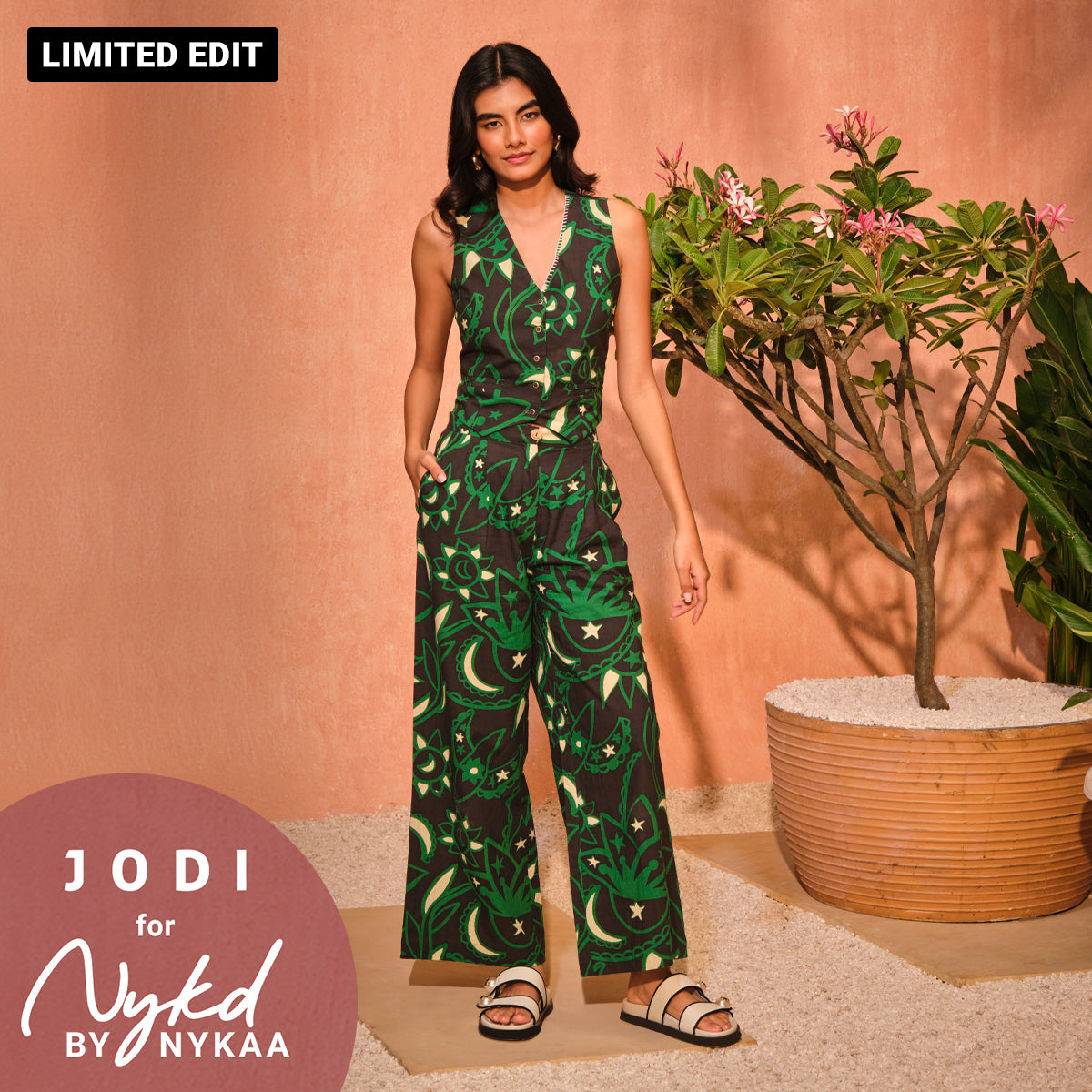 Jodi X Nykd Mangalgiri Cotton Buttoned down V-Neck Gilet Top & Relaxed Wide Leg Comfort Pants Coord sets - Black Sun & Moon Print