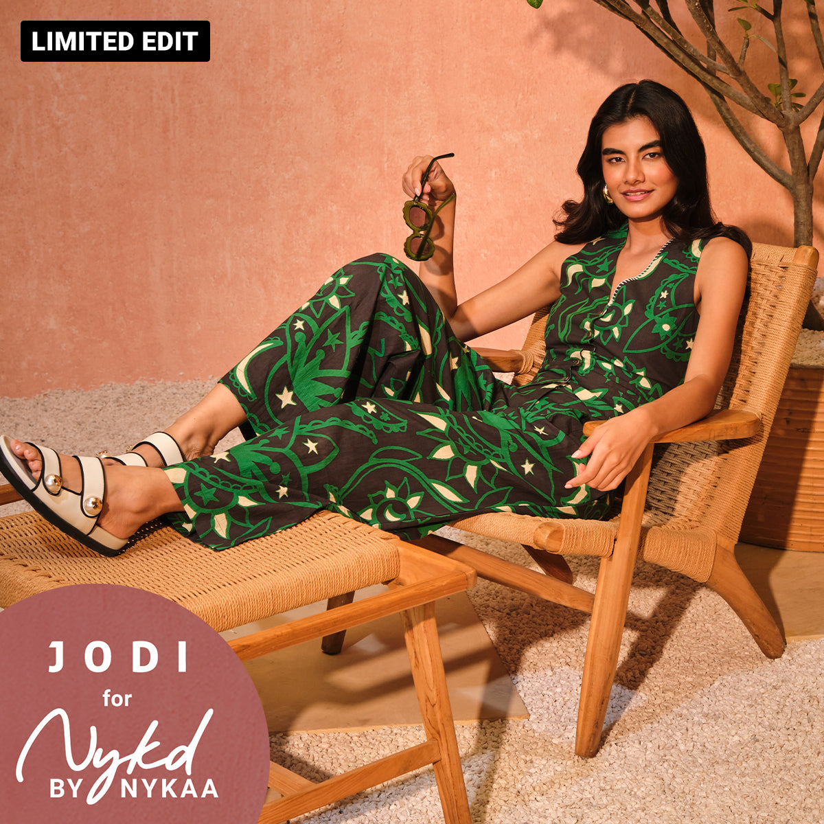 Jodi X Nykd Mangalgiri Cotton Buttoned down V-Neck Gilet Top & Relaxed Wide Leg Comfort Pants Coord sets - Black Sun & Moon Print