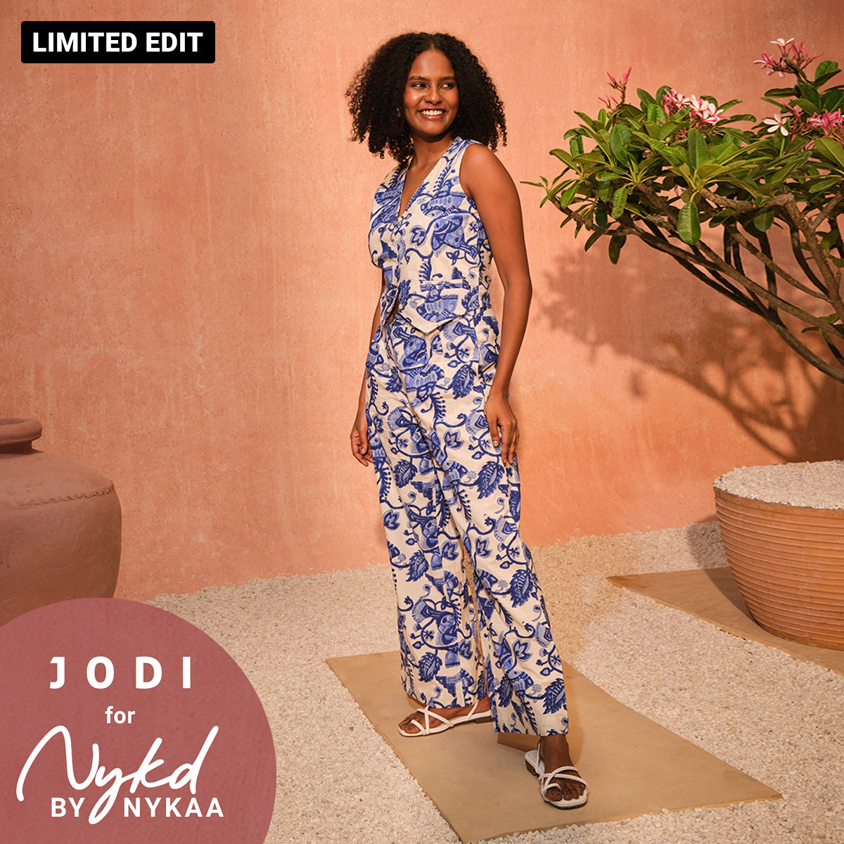 Jodi X Nykd Textured Cotton Buttoned down V-Neck Gilet Top &  Relaxed Wide Leg Comfort Pants Coord sets - Block Printed Fish Print