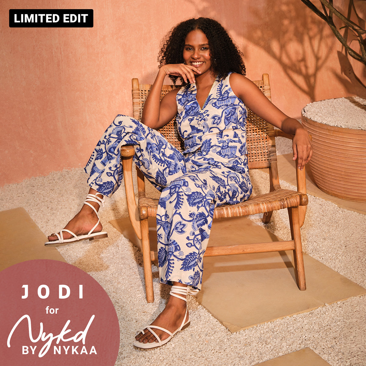 Jodi X Nykd Textured Cotton Buttoned down V-Neck Gilet Top &  Relaxed Wide Leg Comfort Pants Coord sets - Block Printed Fish Print