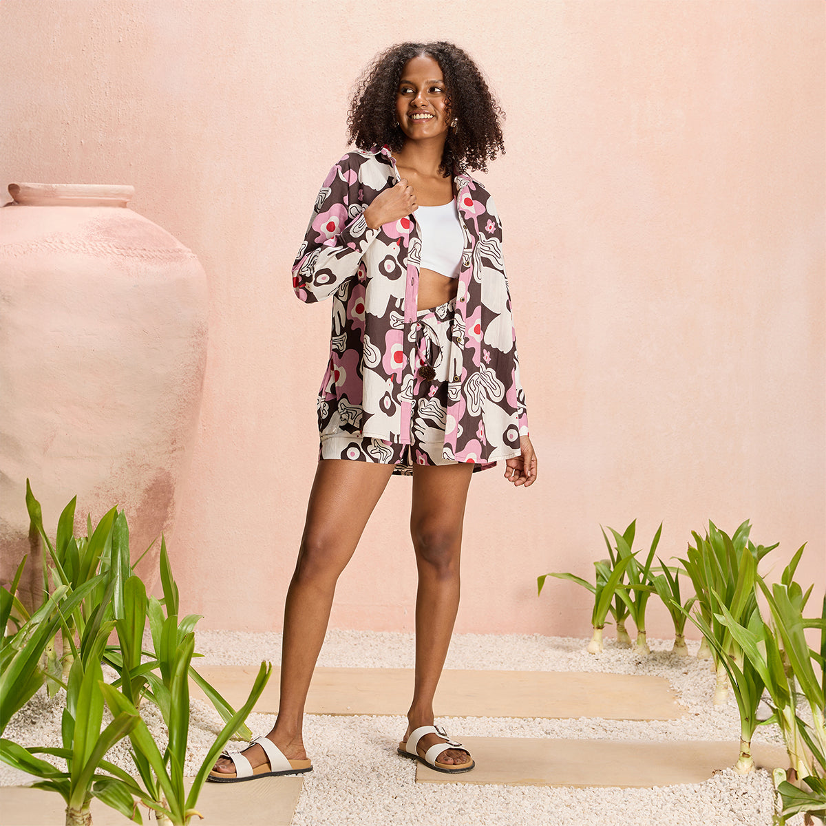 Jodi X Nykd Mangalgiri Cotton Long Shirt with Embroidered Collar & Relaxed Shorts with Pompom Tassels Coord sets - Pink Peace Bird Print