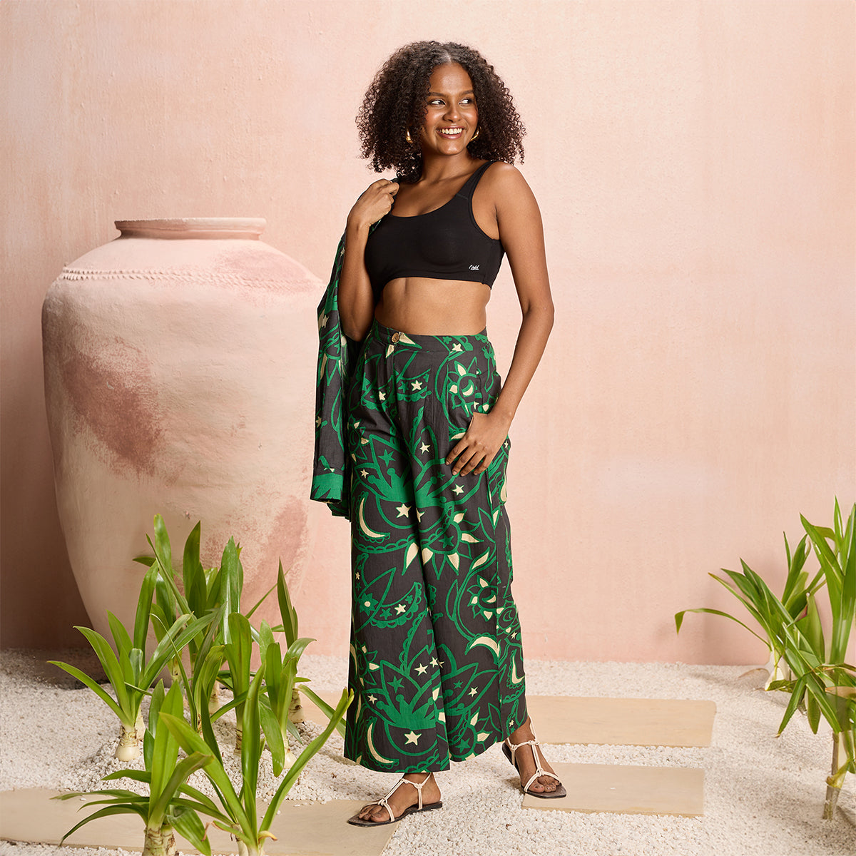 Jodi X Nykd Mangalgiri Cotton Relaxed Wide Leg Comfort Pants-NYJ03-Black Sun & Moon Print