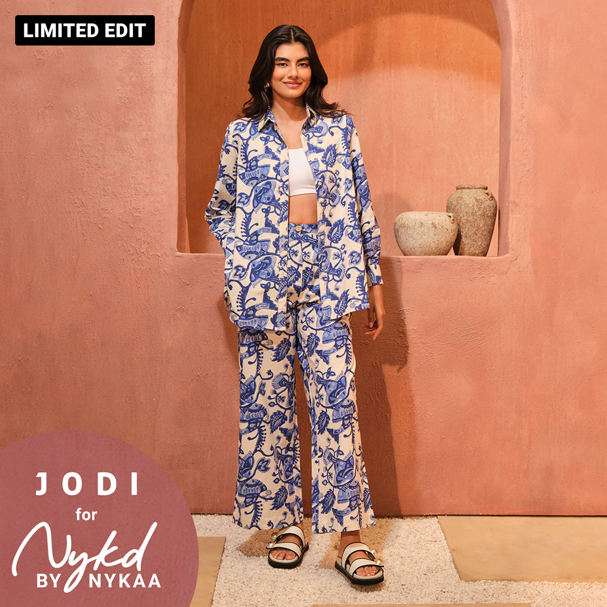 Jodi X Nykd Mangalgiri Cotton Relaxed Wide Leg Comfort Pants-NYJ03-Block Printed Fish Print