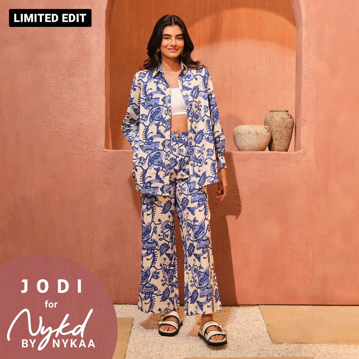 Jodi X Nykd Mangalgiri Cotton Long Shirt with Embroidered Collar & Relaxed Wide Leg Comfort Pants Coord sets - Block Printed Fish Print