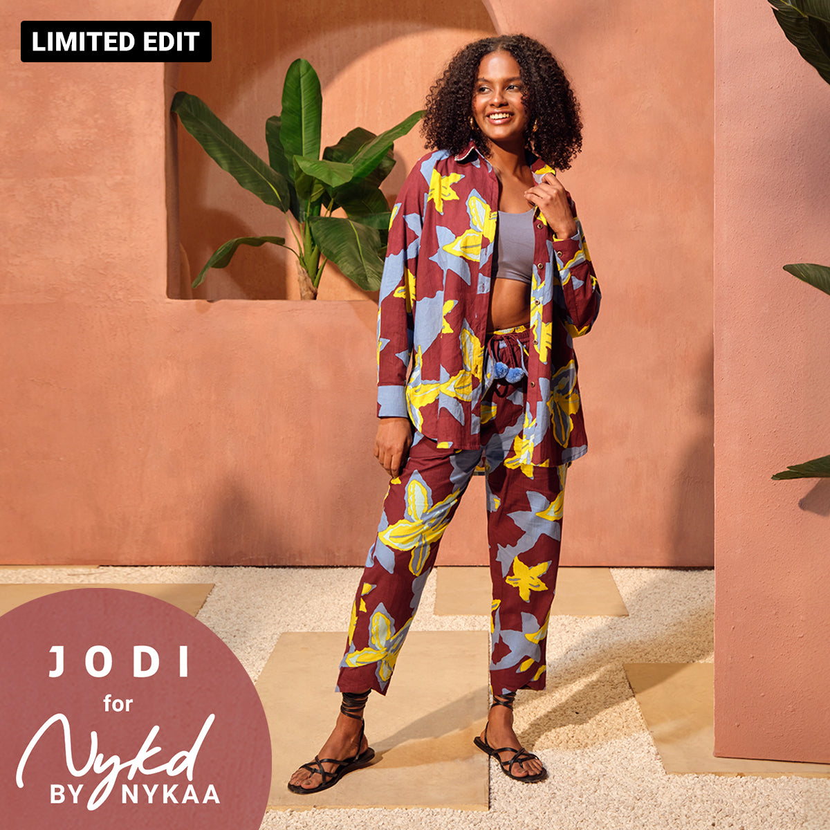 Jodi X Nykd Textured Cotton Tulip Hem Tapered Pants with Pompoms - NYJ04 -Blue Floral Print