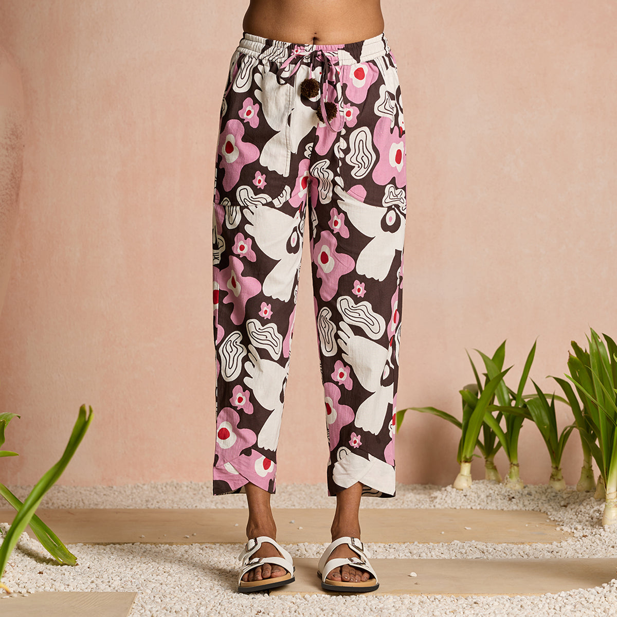 Jodi X Nykd Mangalgiri Cotton Tulip Hem Tapered Pants with Pompoms-NYJ04- Pink Peace Bird Print