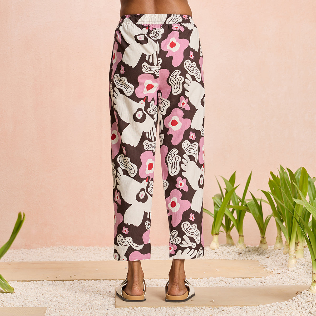 Jodi X Nykd Mangalgiri Cotton Tulip Hem Tapered Pants with Pompoms-NYJ04- Pink Peace Bird Print