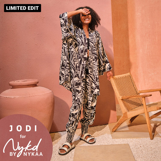 Jodi X Nykd Modal Smocked Comfort Pant with Pompom Tassels-Black & White Intertwined Print-NYJ05