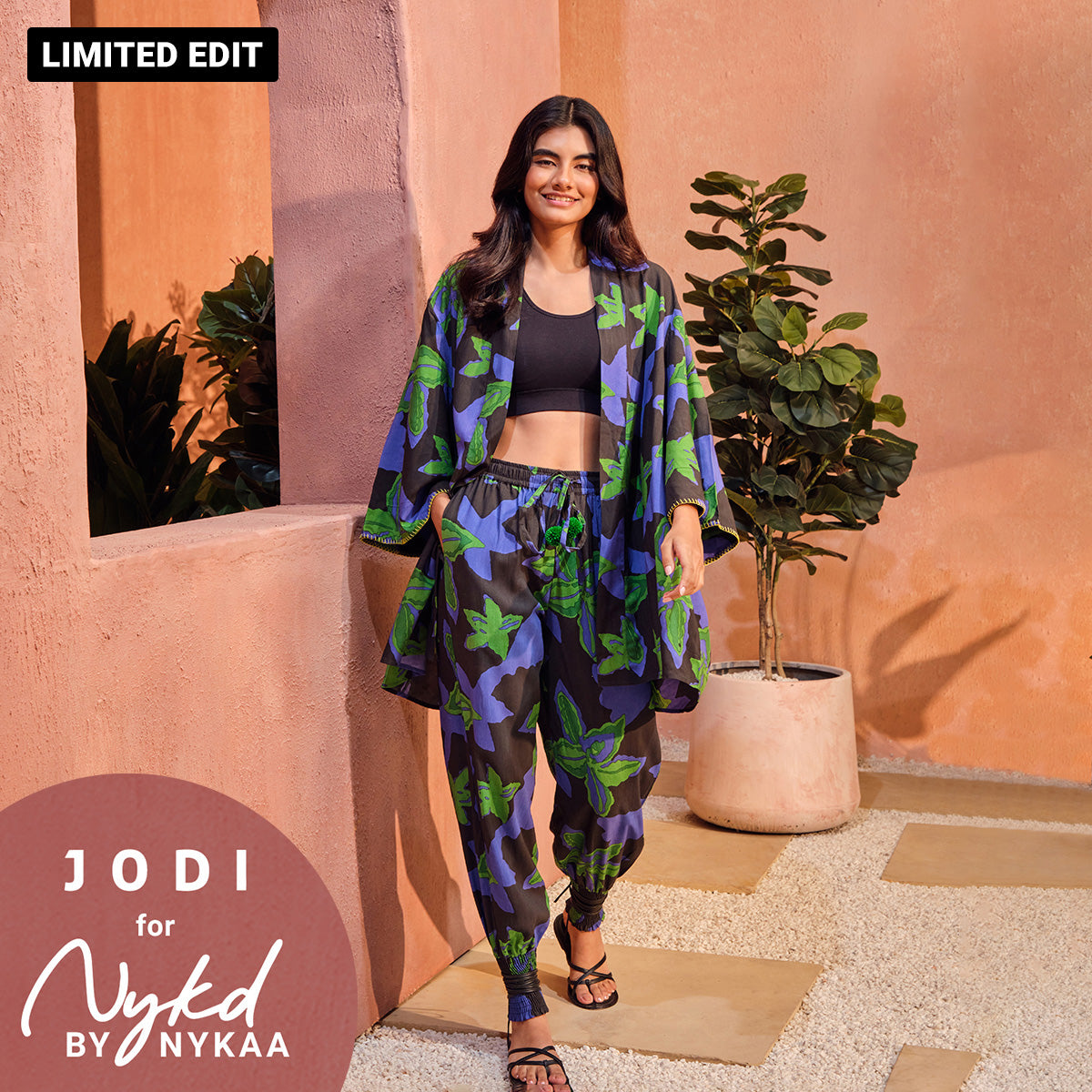 Jodi X Nykd Modal Shrug Jacket with Embroidered sleeves & Smocked Comfort Pant with Pompom Tassels Coord sets - Green Floral Print