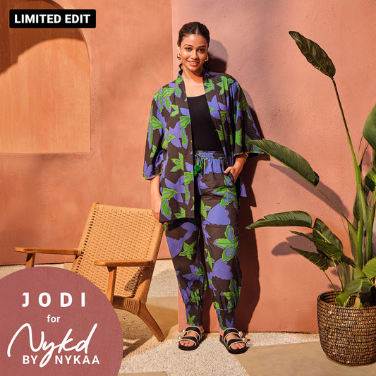 Jodi X Nykd Modal Shrug Jacket with Embroidered sleeves & Smocked Comfort Pant with Pompom Tassels Coord sets - Green Floral Print