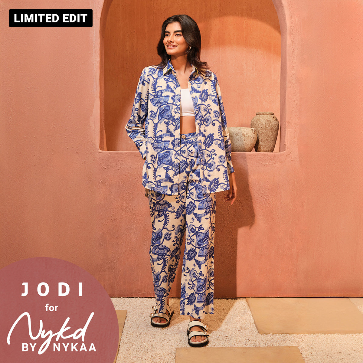 Jodi X Nykd Mangalgiri Cotton Long Shirt with Embroidered Collar & Relaxed Wide Leg Comfort Pants Coord sets - Block Printed Fish Print