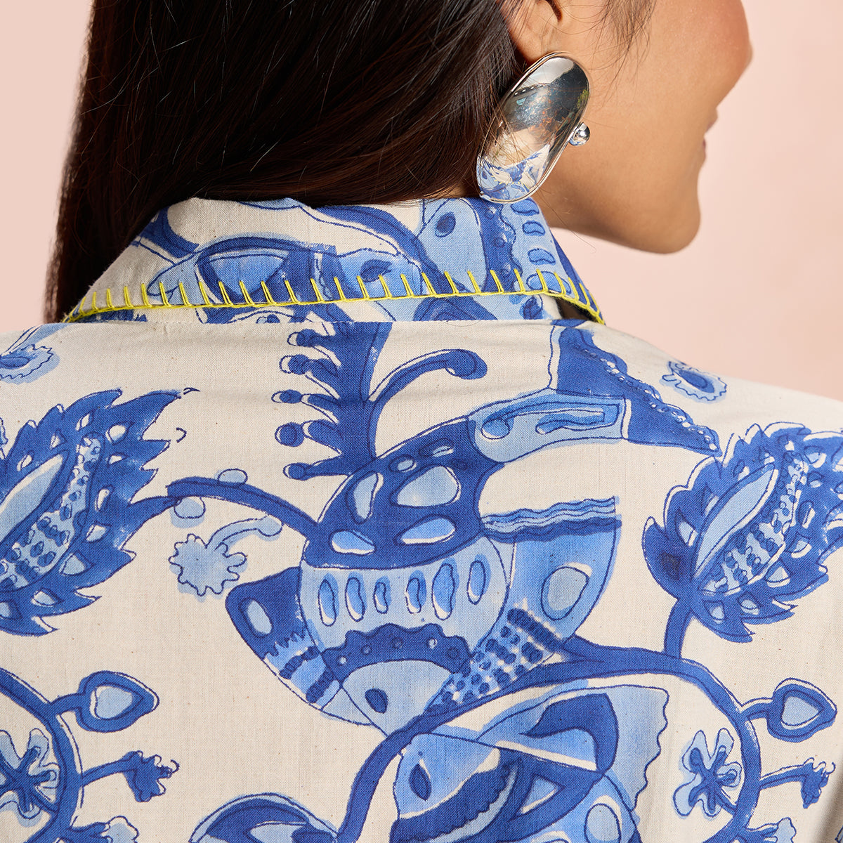 Jodi X Nykd Mangalgiri Cotton Long Shirt with Embroidered Collar-NYJ06-Block Printed Fish Print