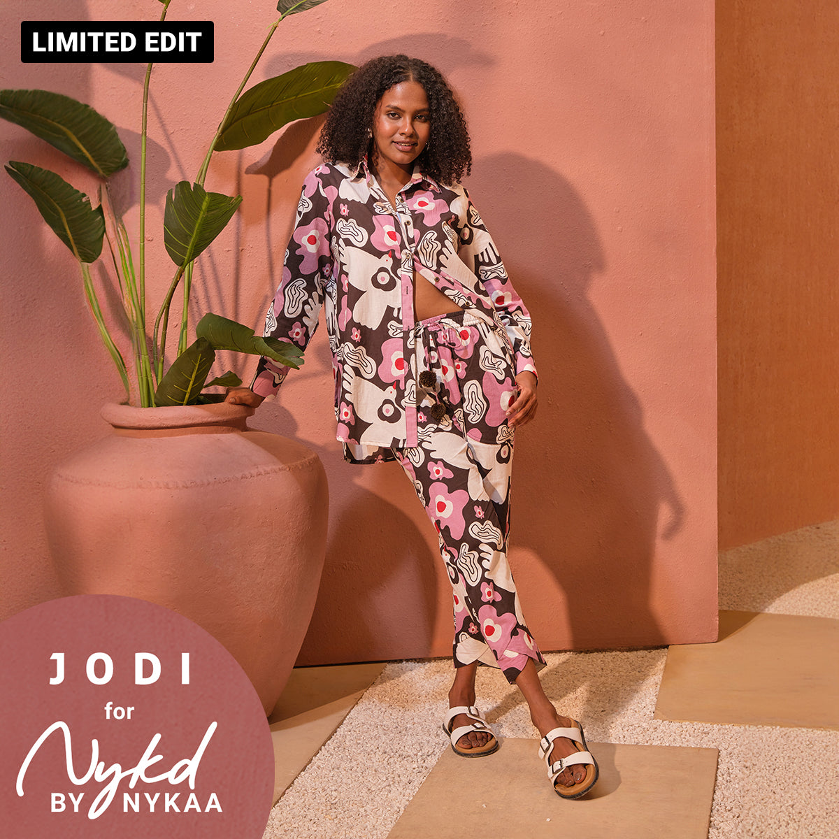 Jodi X Nykd Mangalgiri Cotton Long Shirt with Embroidered Collar  & Tulip Hem Tapered Pants with Pompoms Coord sets - Pink Peace Bird Print