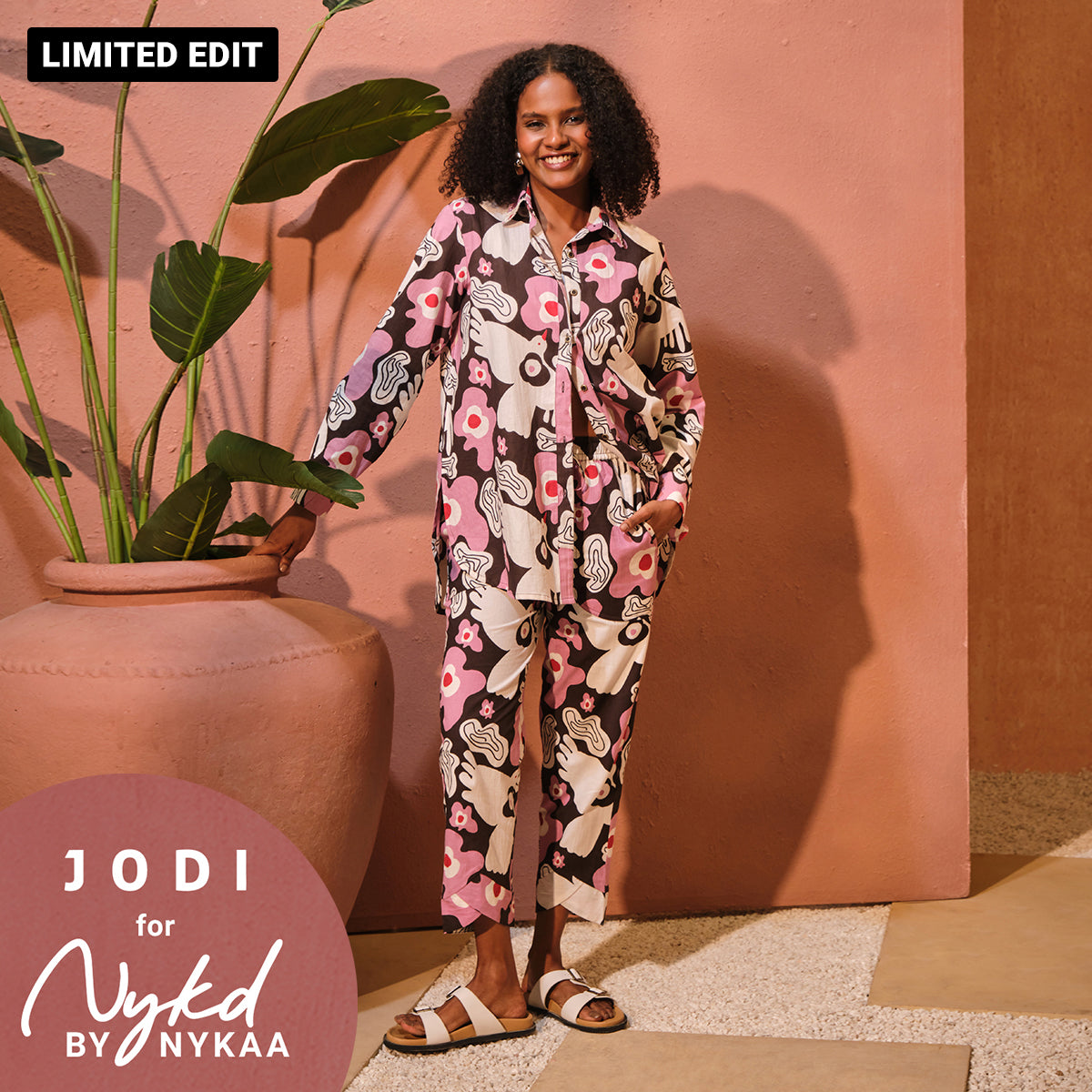 Jodi X Nykd Mangalgiri Cotton Long Shirt with Embroidered Collar  & Tulip Hem Tapered Pants with Pompoms Coord sets - Pink Peace Bird Print