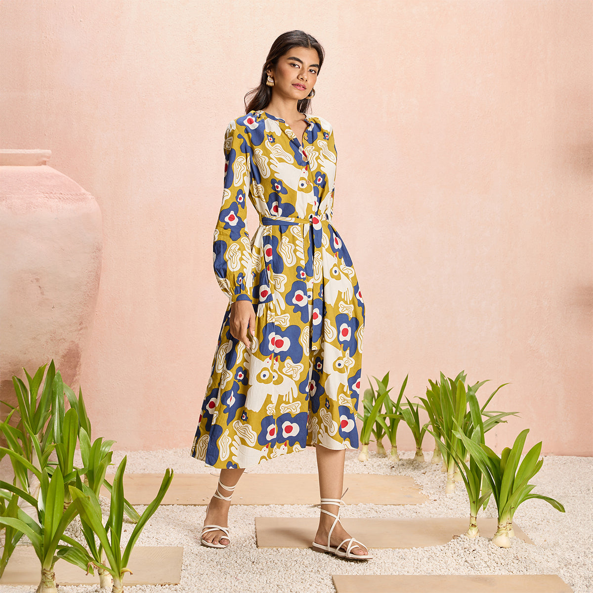 Jodi X Nykd Mangalgiri Cotton Midi Shirt Dress with Belt & Pockets-NYJ07-Mustard Peace Bird Print