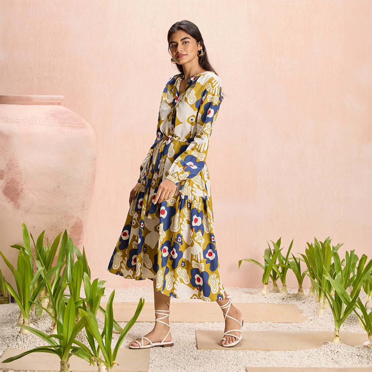 Jodi X Nykd Mangalgiri Cotton Midi Shirt Dress with Belt & Pockets-NYJ07-Mustard Peace Bird Print