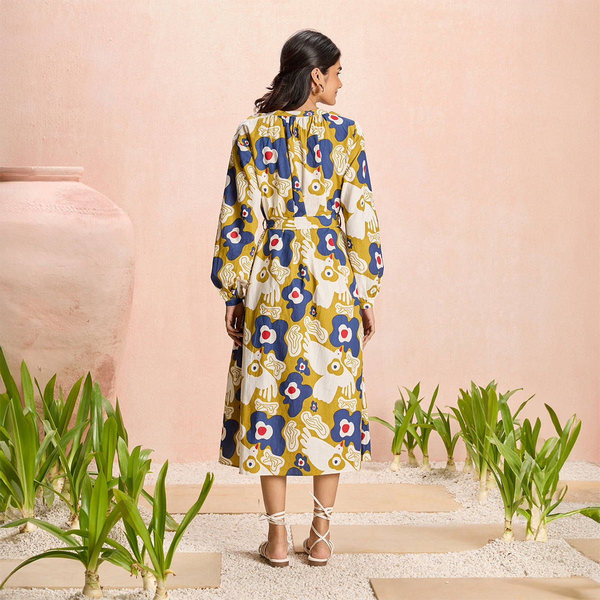 Jodi X Nykd Mangalgiri Cotton Midi Shirt Dress with Belt & Pockets-NYJ07-Mustard Peace Bird Print