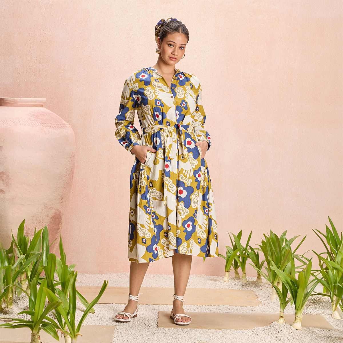 Jodi X Nykd Mangalgiri Cotton Midi Shirt Dress with Belt & Pockets-NYJ07-Mustard Peace Bird Print