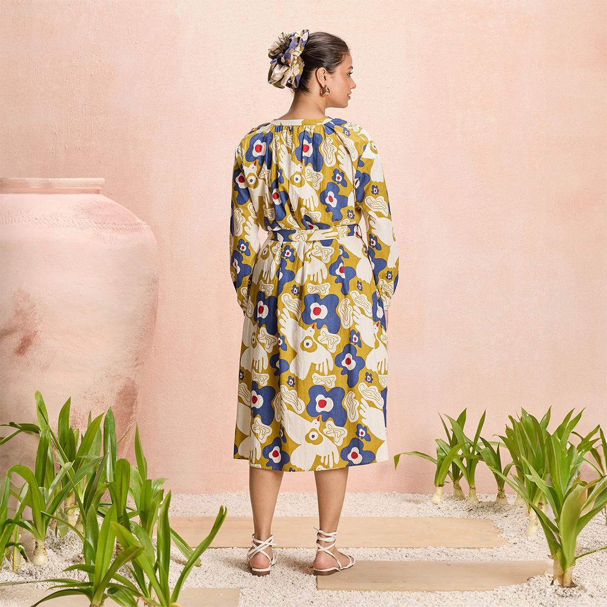 Jodi X Nykd Mangalgiri Cotton Midi Shirt Dress with Belt & Pockets-NYJ07-Mustard Peace Bird Print