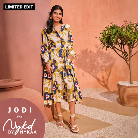 Jodi X Nykd Mangalgiri Cotton Midi Shirt Dress with Belt & Pockets-NYJ07-Mustard Peace Bird Print