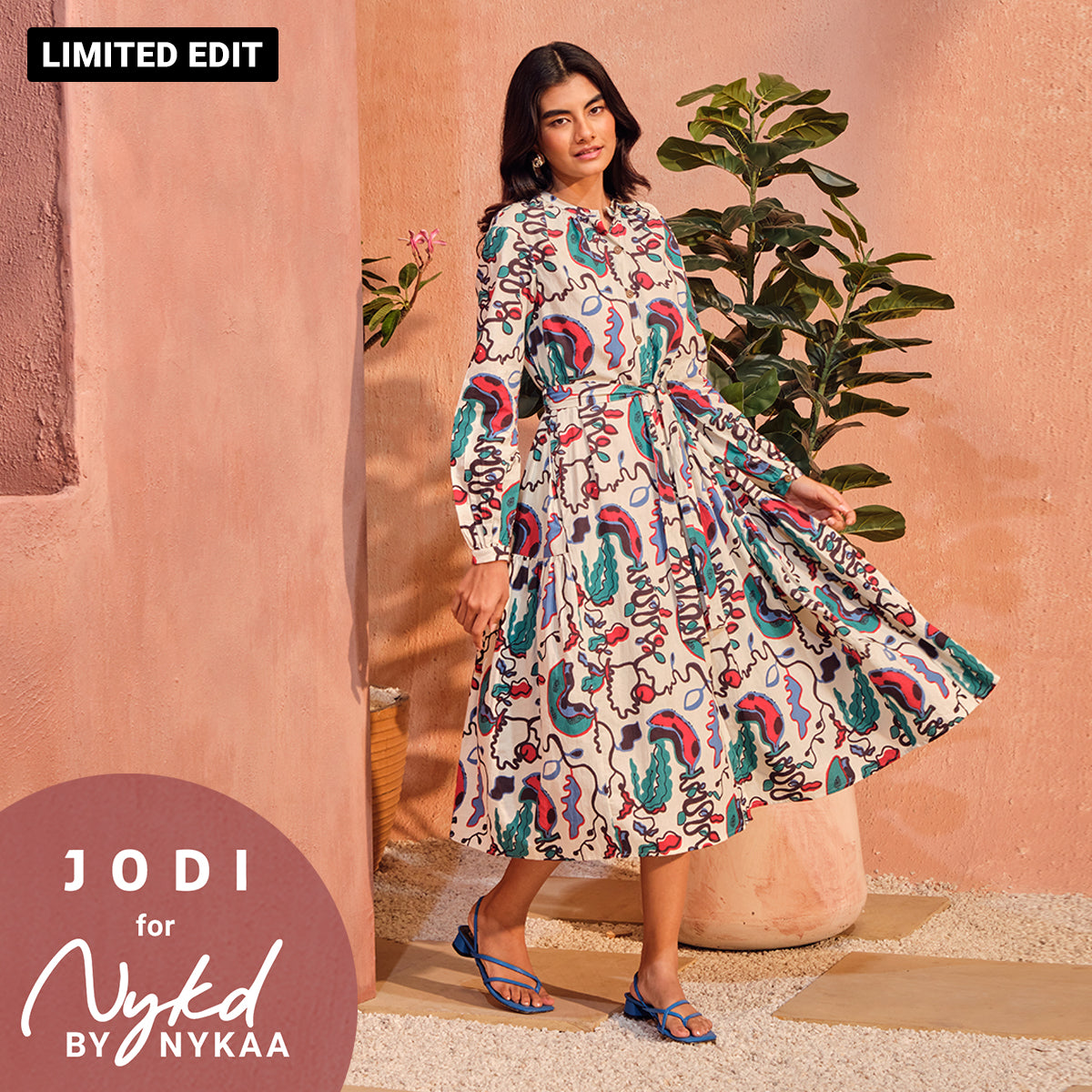 Jodi X Nykd Mangalgiri Cotton Midi Shirt Dress with Belt & Pockets-NYJ07-White Plantain Marble Print