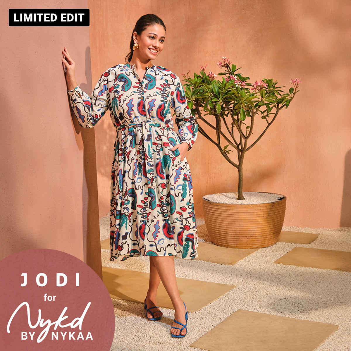 Jodi X Nykd Mangalgiri Cotton Midi Shirt Dress with Belt & Pockets-NYJ07-White Plantain Marble Print