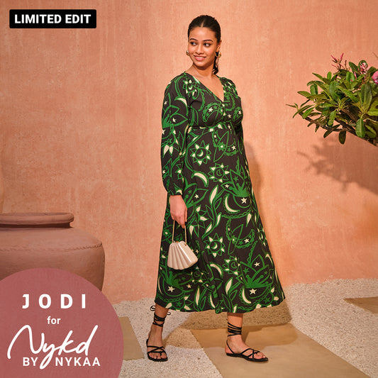 Jodi X Nykd Modal Flowy V-Neck Maxi Dress with Beaded Tassels - NYJ08 - Black Sun & Moon Print