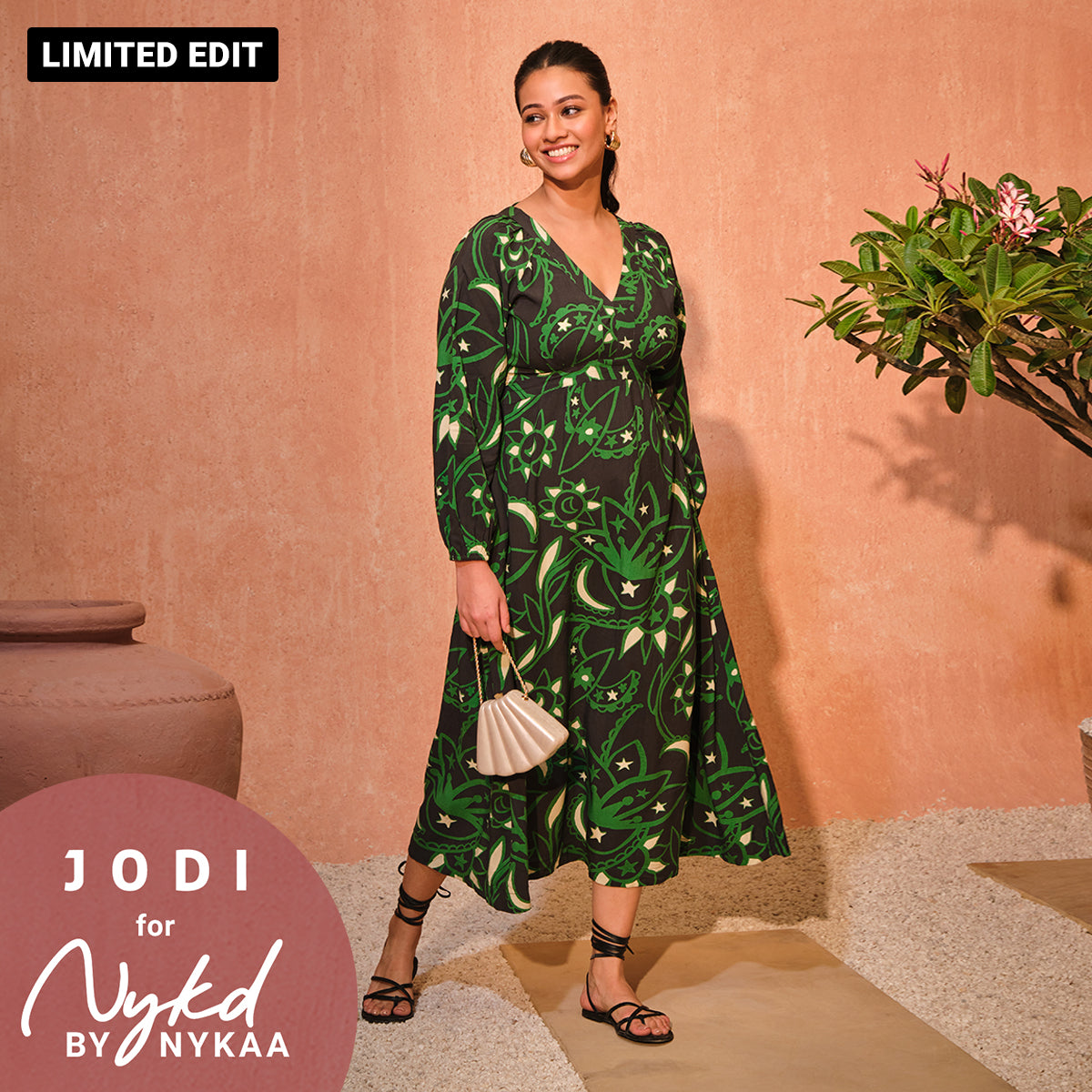 Jodi X Nykd Modal Flowy V-Neck Maxi Dress with Beaded Tassels - NYJ08 - Black Sun & Moon Print