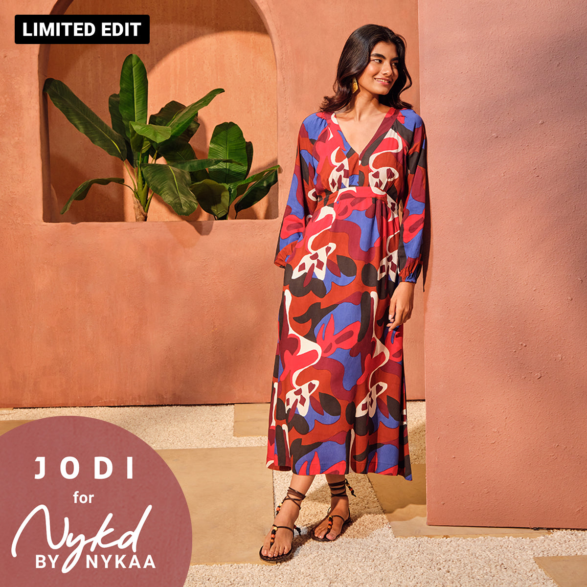 Jodi X Nykd Modal Flowy  V-Neck Maxi Dress with Beaded Tassels  - NYJ08 -Toffee Patch Print