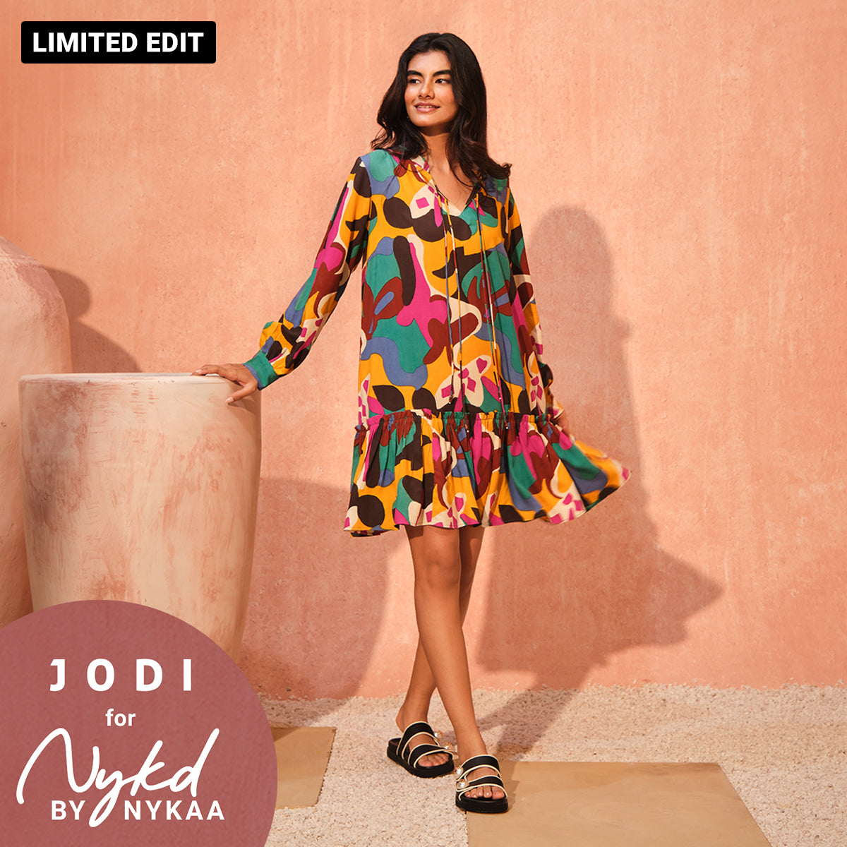 Jodi X Nykd Modal Knee Length Dress with Ruched Hem - NYJ09 - Colourful Patch Print