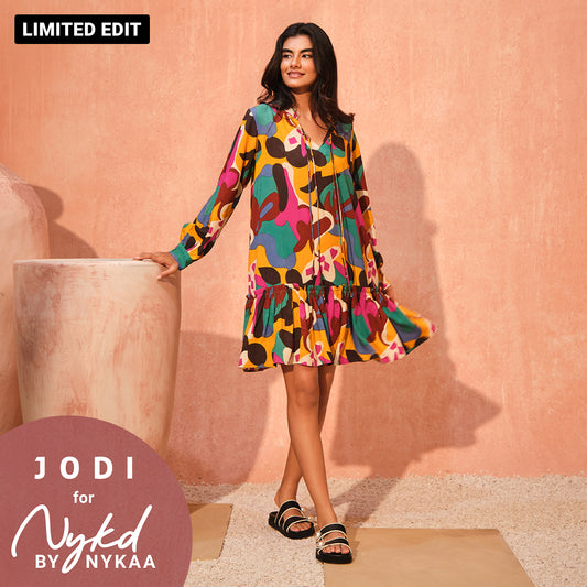 Jodi X Nykd Modal Knee Length Dress with Ruched Hem - NYJ09 - Colourful Patch Print