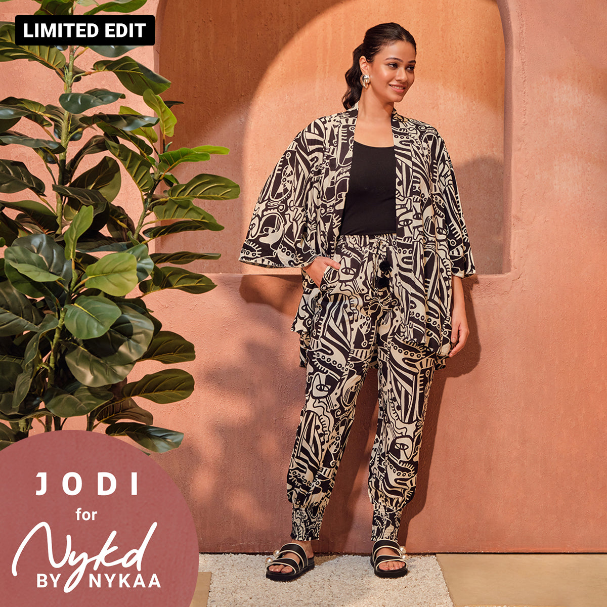 Jodi X Nykd Modal Shrug Jacket with Embroidered sleeves & Smocked Comfort Pant with Pompom Tassels Coord sets - Black & White Intertwined Print