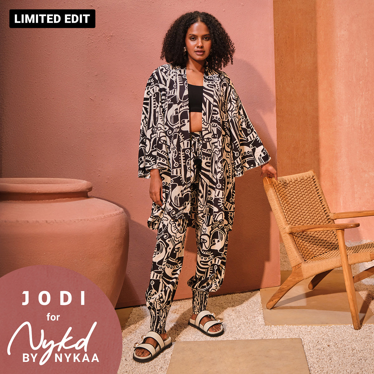 Jodi X Nykd Modal Shrug Jacket with Embroidered sleeves & Smocked Comfort Pant with Pompom Tassels Coord sets - Black & White Intertwined Print