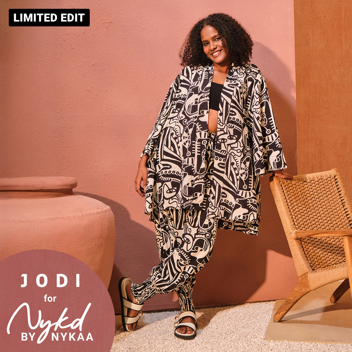 Jodi X Nykd Modal Shrug Jacket with Embroidered sleeves & Smocked Comfort Pant with Pompom Tassels Coord sets - Black & White Intertwined Print