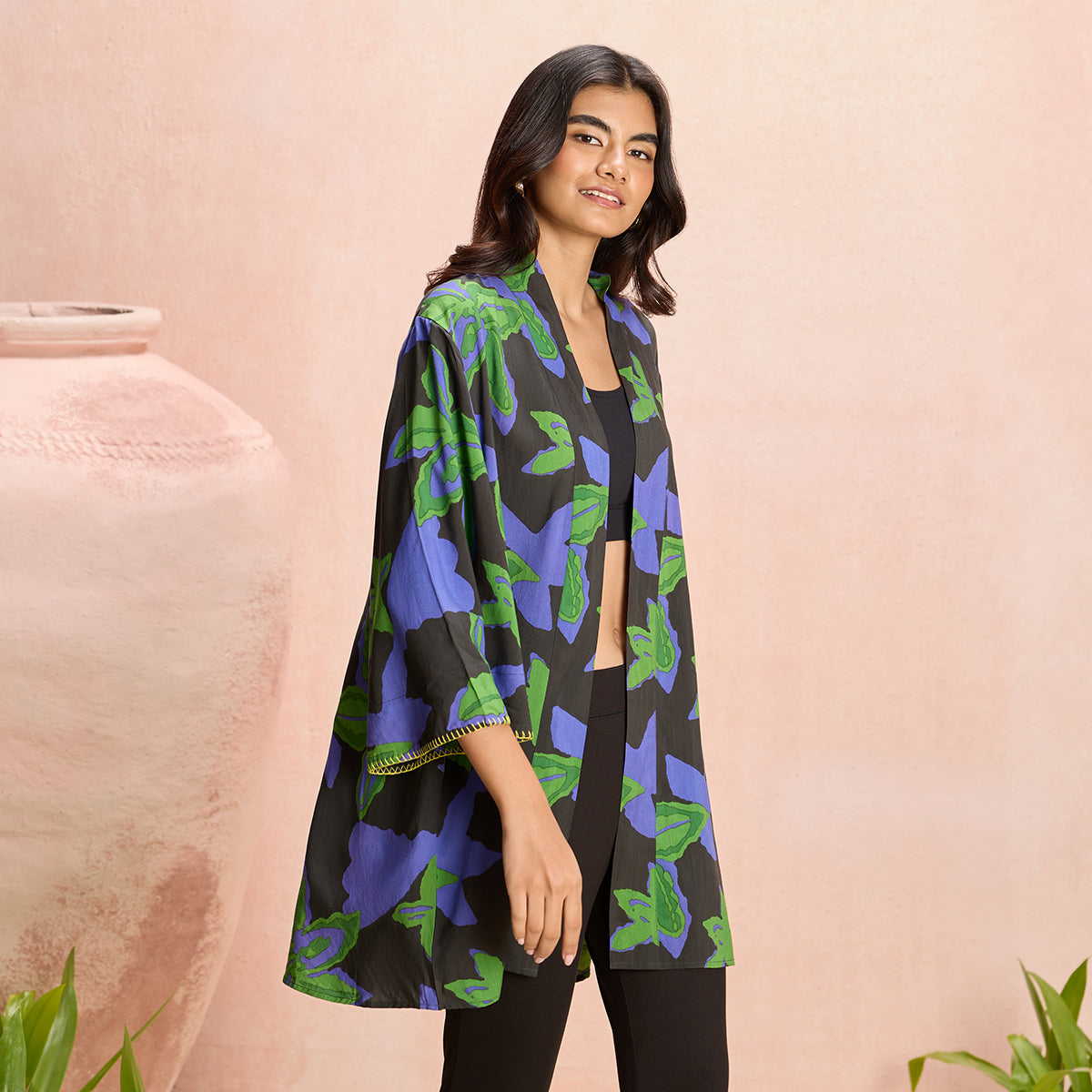 Jodi X Nykd Modal Shrug Jacket with Embroidered sleeves -NYJ10-Green Floral Print