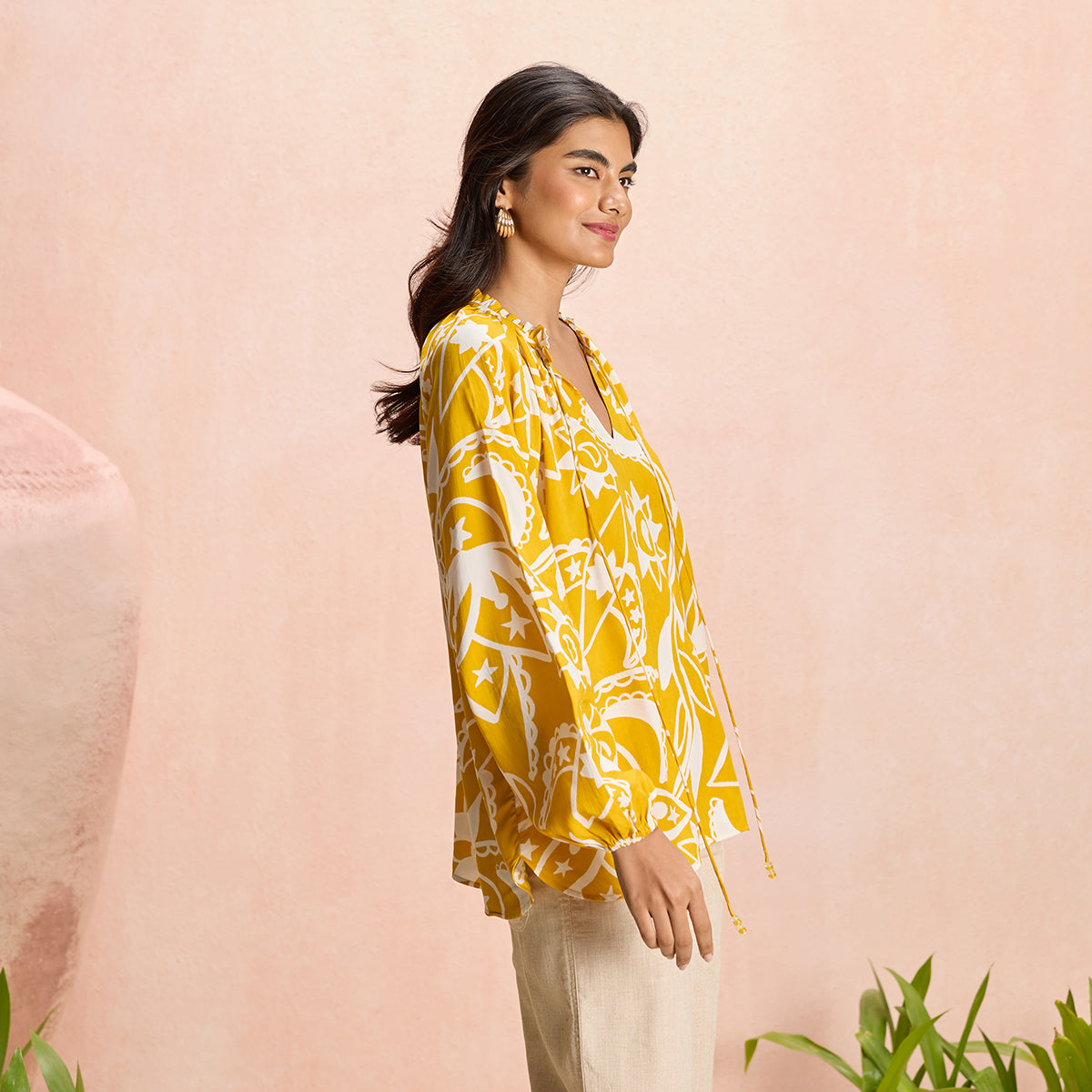 Jodi X Nykd Modal Bubble Sleeve Long Top with Beaded Tassels - NYJ11 - Mustard Sun & Moon Print