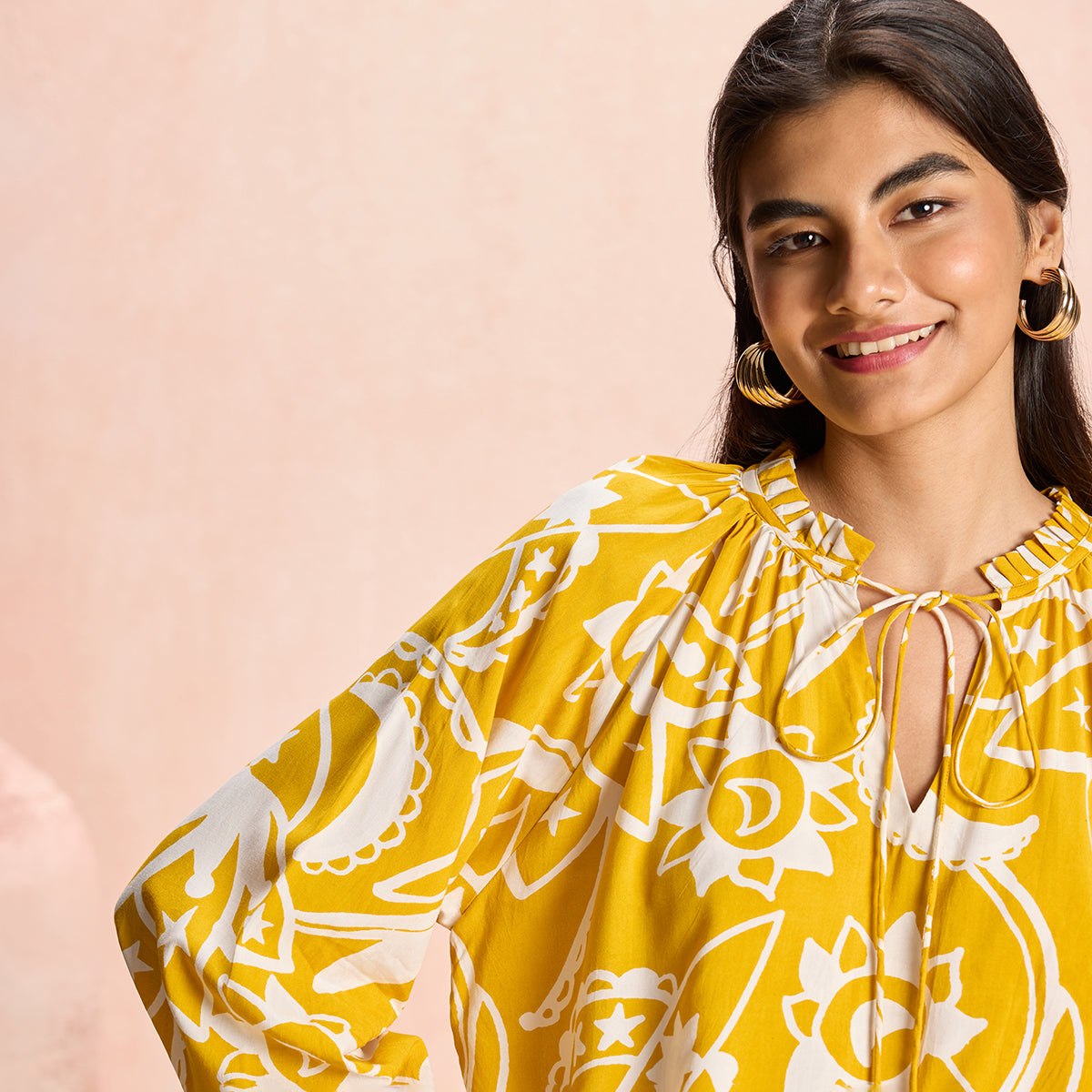 Jodi X Nykd Modal Bubble Sleeve Long Top with Beaded Tassels - NYJ11 - Mustard Sun & Moon Print