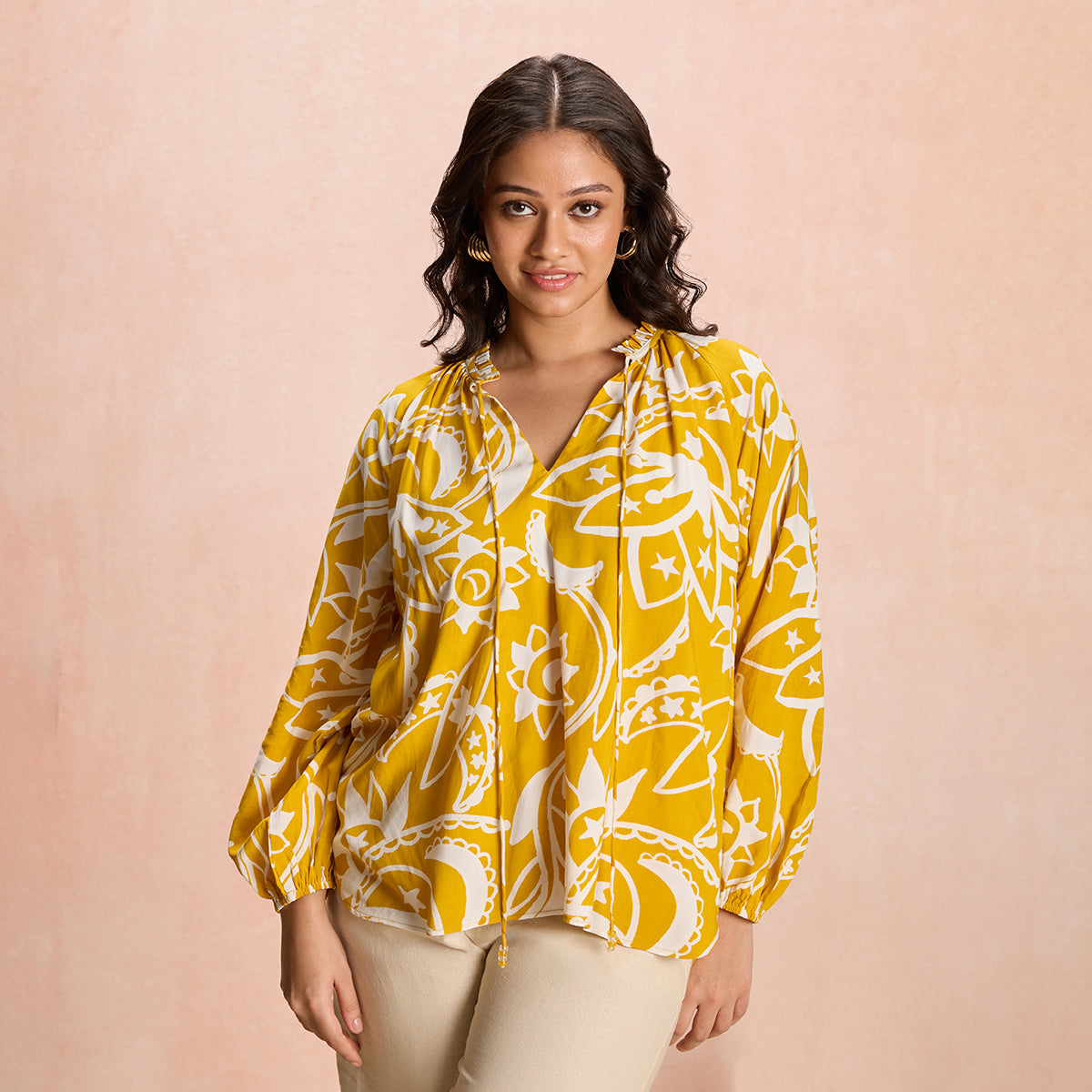 Jodi X Nykd Modal Bubble Sleeve Long Top with Beaded Tassels - NYJ11 - Mustard Sun & Moon Print