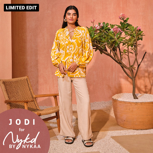 Jodi X Nykd Modal Bubble Sleeve Long Top with Beaded Tassels - NYJ11 - Mustard Sun & Moon Print