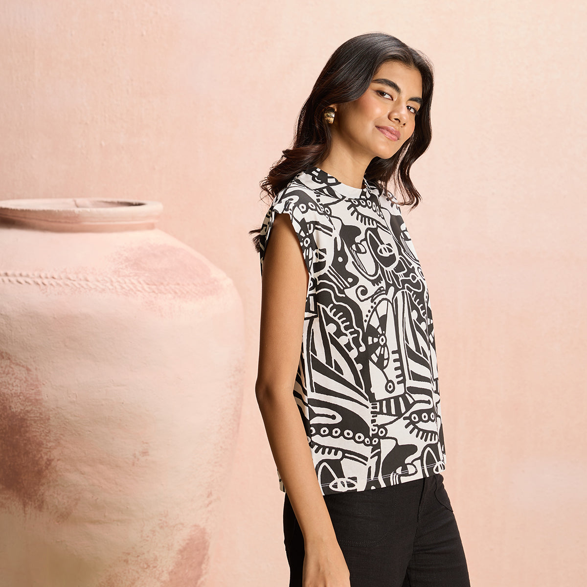 Jodi X Nykd Cotton Round Neck Extended Shoulder Tshirt - NYJ12- Black & White Intertwined Print