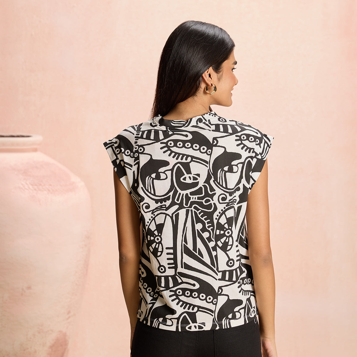 Jodi X Nykd Cotton Round Neck Extended Shoulder Tshirt - NYJ12- Black & White Intertwined Print