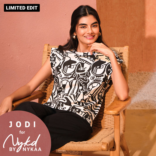 Jodi X Nykd Cotton Round Neck Extended Shoulder Tshirt - NYJ12- Black & White Intertwined Print