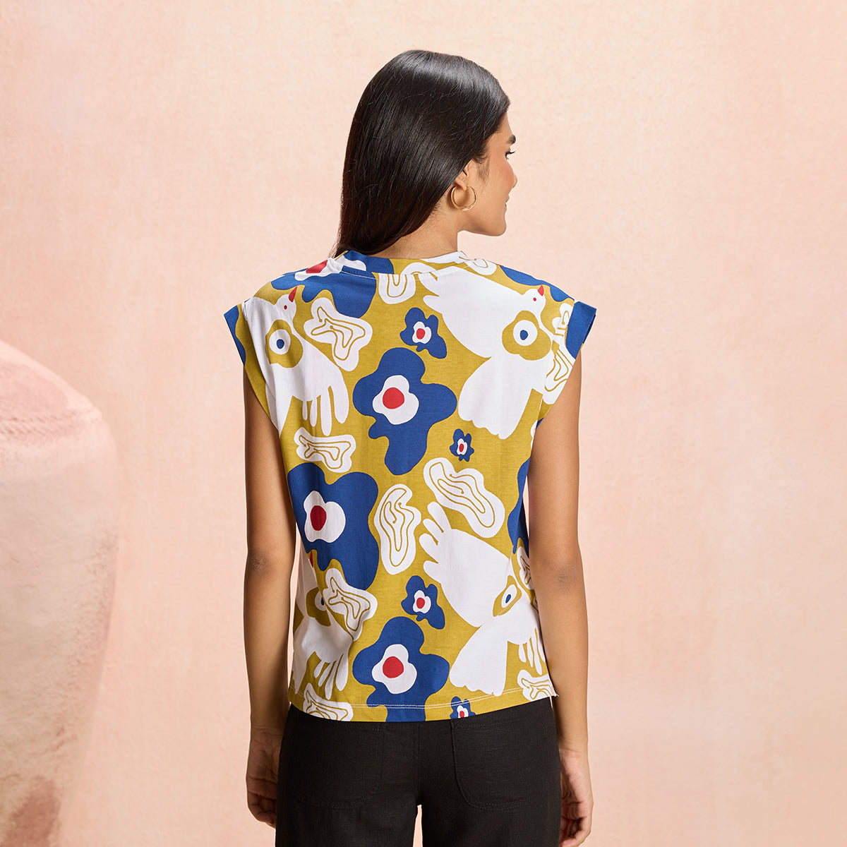 Jodi X Nykd Cotton Round Neck Extended Shoulder Tshirt - NYJ12- Mustard Peace Bird Print