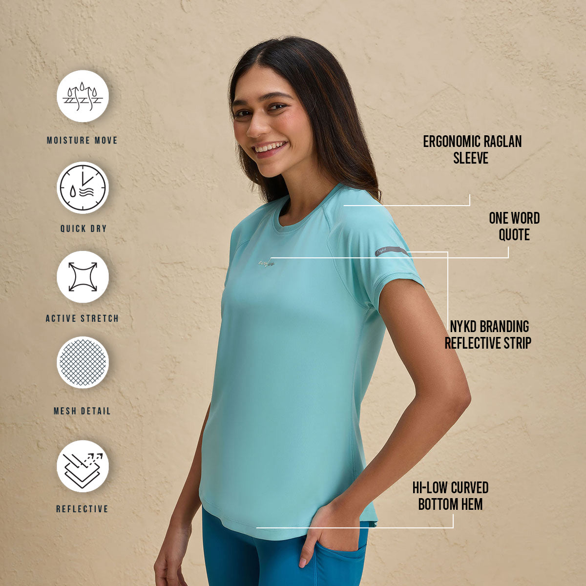 Nykd By Nykaa Half Sleeves Regular Fit Quick Dry Running Fitness Sports Tee-NYK033-Turquoise