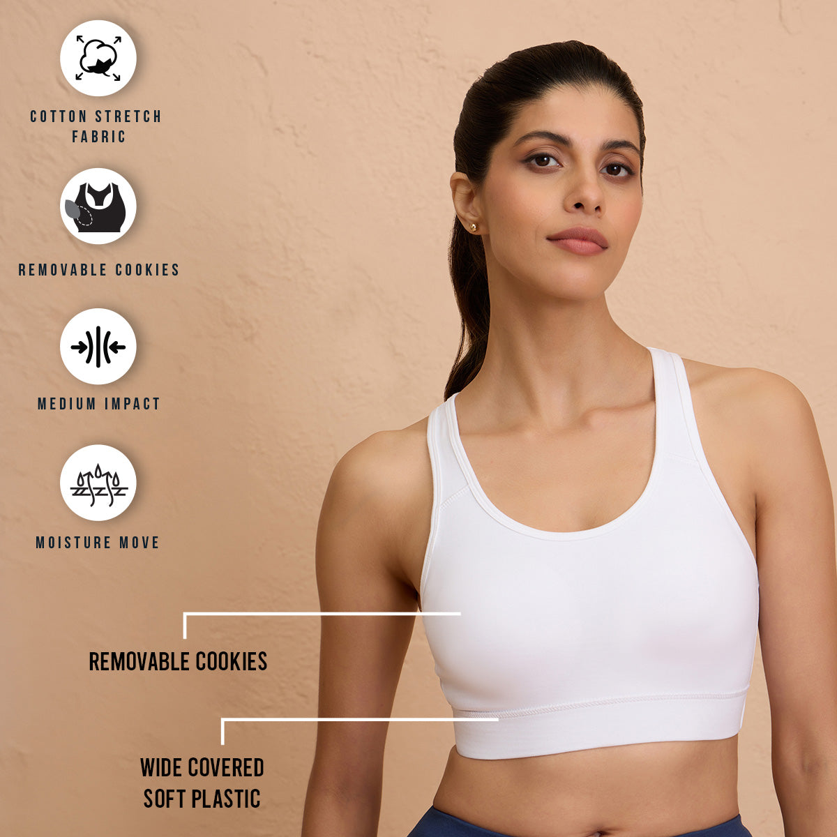 Nykd By Nykaa Cotton Stretch Slip On Sports Bra with Removable Cups NYK059 White