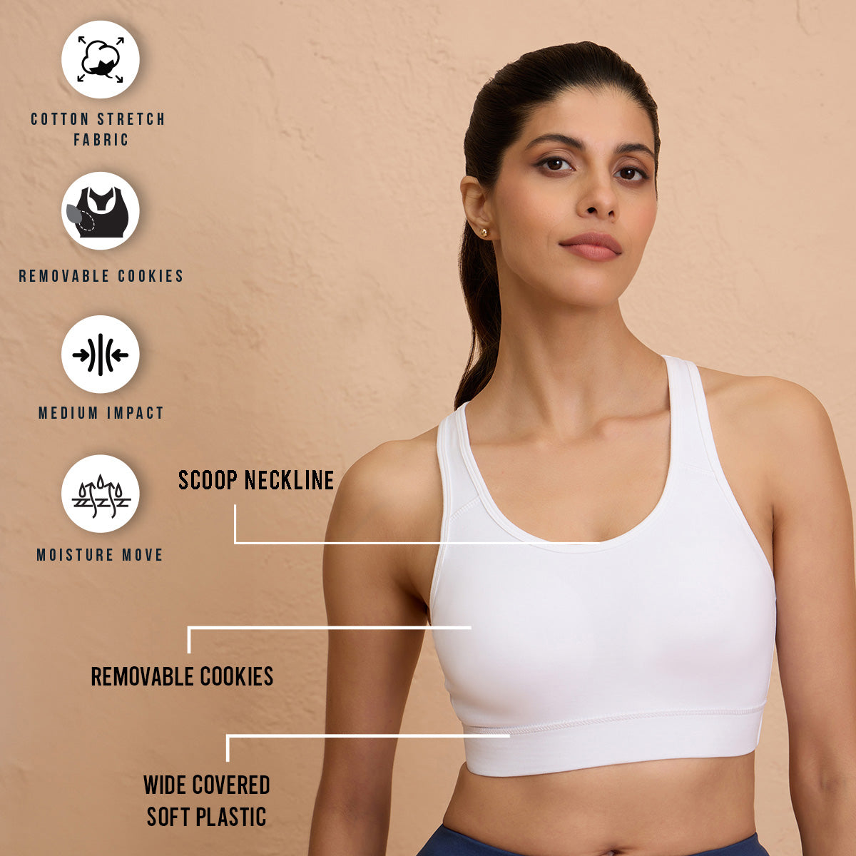 Nykd By Nykaa Cotton Stretch Slip On Sports Bra with Removable Cups NYK059 White