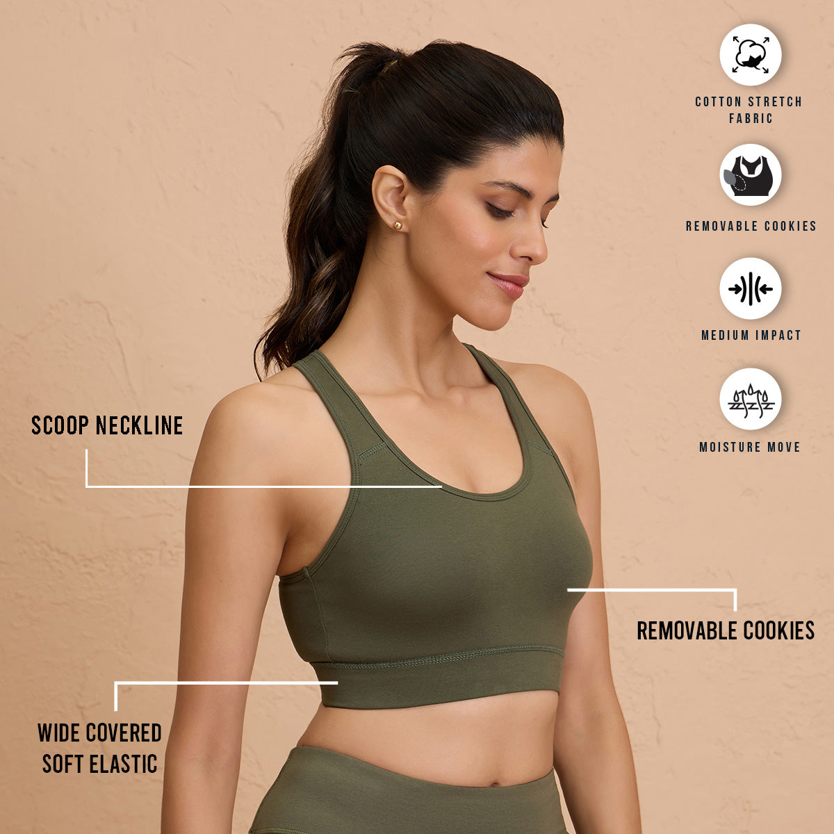 Nykd By Nykaa Cotton Stretch Slip On Sports Bra with Removable Cups NYK059 Beetle Green