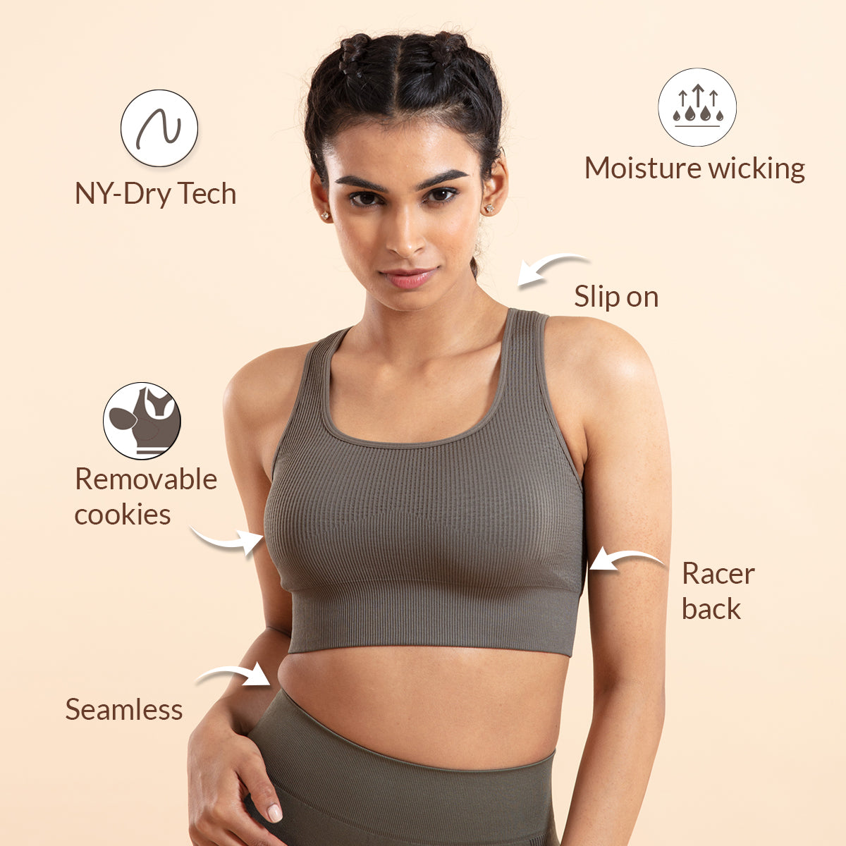 Nykd All Day Seamless Sports Bra with removable cookies-  NYK096 Beetle Green