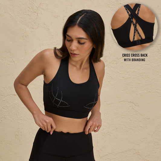 Reflective Print Sports Bra with Criss cross Back-NYK298-Jet Black