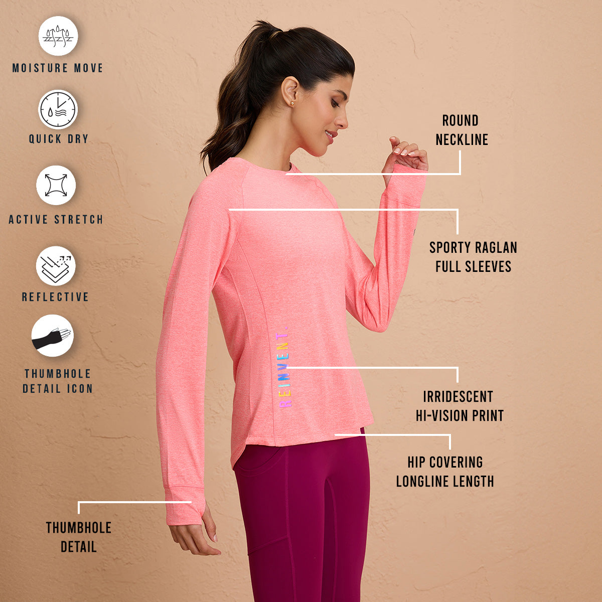 Flattering Hip Covering Long Sleeved Active Dry Fit Top-NYK311-Pink